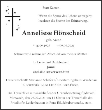 Anzeige von Anneliese Hönscheid von  Kölner Wochenspiegel 