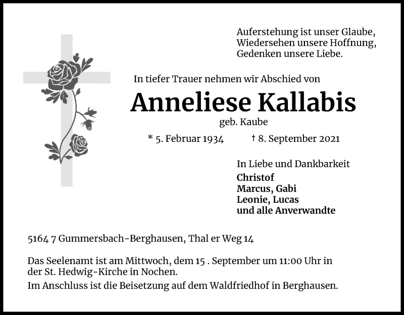  Traueranzeige für Anneliese Kallabis vom 11.09.2021 aus Kölner Stadt-Anzeiger / Kölnische Rundschau / Express