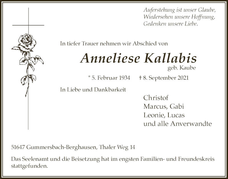  Traueranzeige für Anneliese Kallabis vom 17.09.2021 aus  Anzeigen Echo 