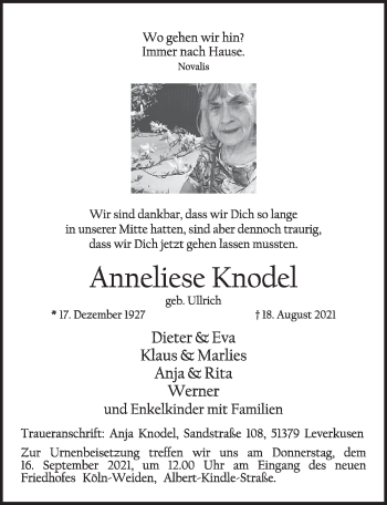 Anzeige von Anneliese Knodel von  Kölner Wochenspiegel 