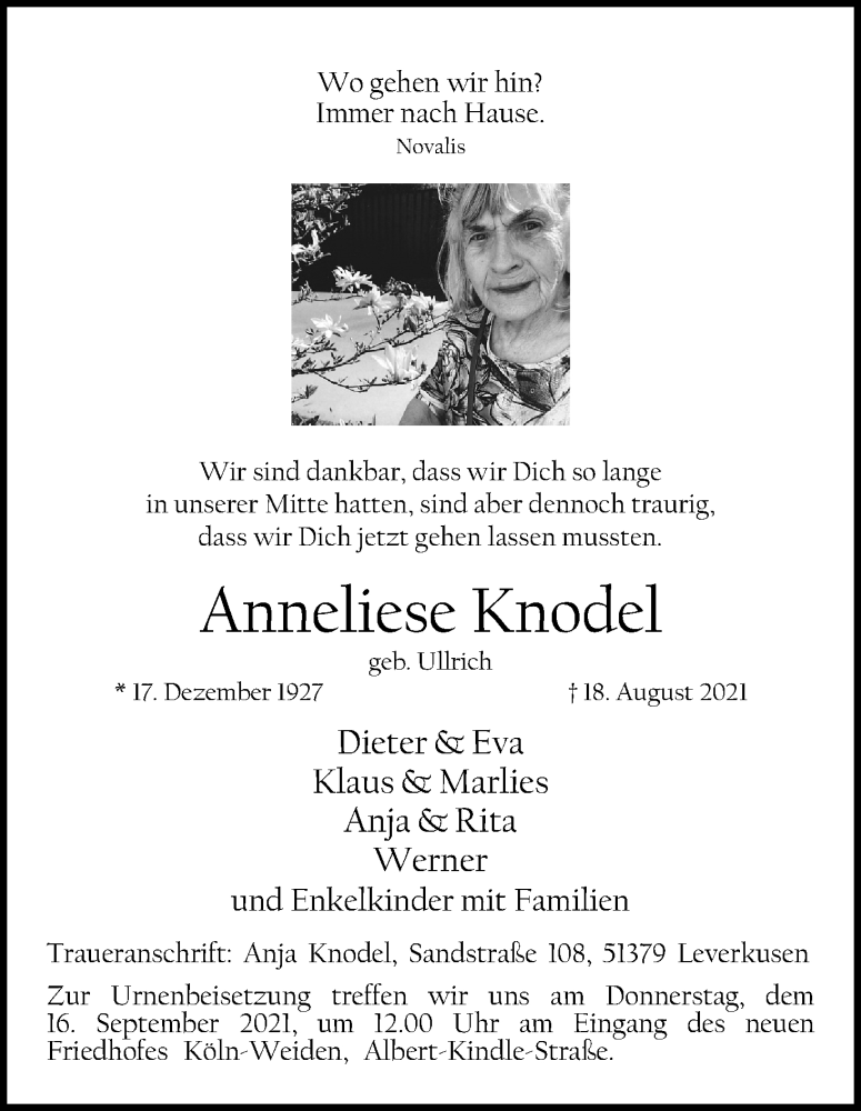  Traueranzeige für Anneliese Knodel vom 04.09.2021 aus Kölner Stadt-Anzeiger / Kölnische Rundschau / Express