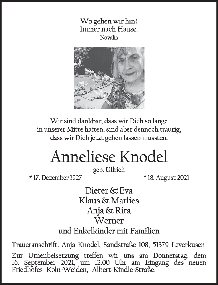  Traueranzeige für Anneliese Knodel vom 03.09.2021 aus  Kölner Wochenspiegel 