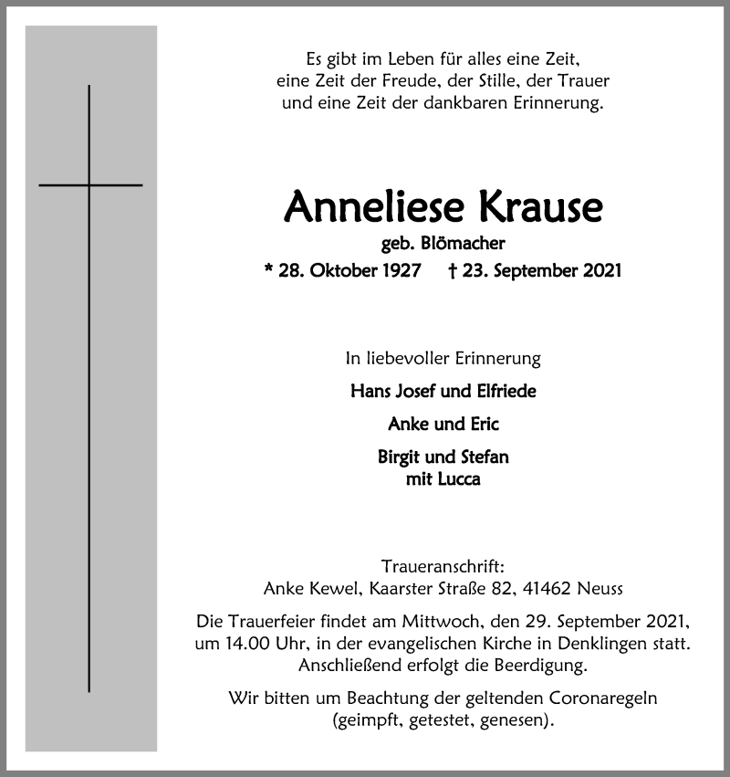  Traueranzeige für Anneliese Krause vom 28.09.2021 aus Kölner Stadt-Anzeiger / Kölnische Rundschau / Express