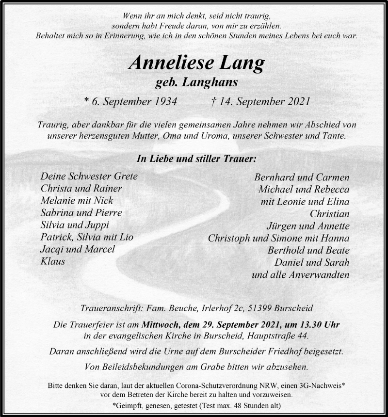  Traueranzeige für Anneliese Lang vom 24.09.2021 aus  Lokale Informationen 
