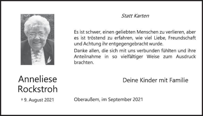  Traueranzeige für Anneliese Rockstroh vom 17.09.2021 aus  Werbepost 