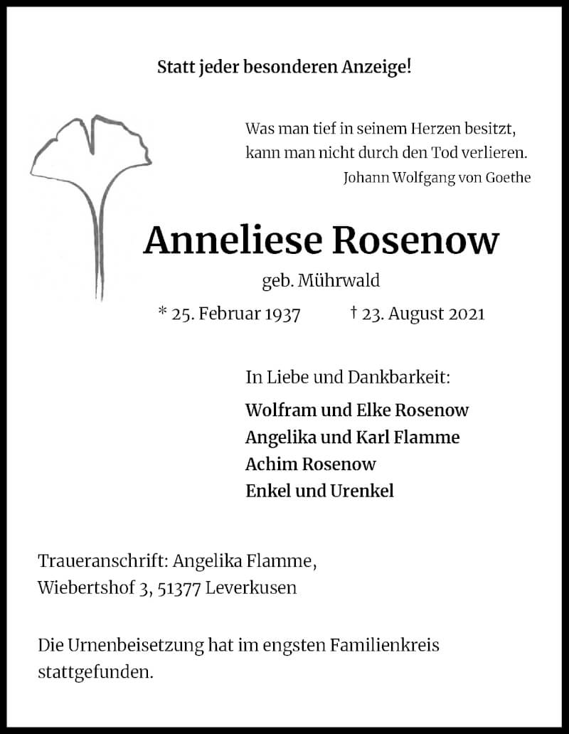  Traueranzeige für Anneliese Rosenow vom 25.09.2021 aus Kölner Stadt-Anzeiger / Kölnische Rundschau / Express