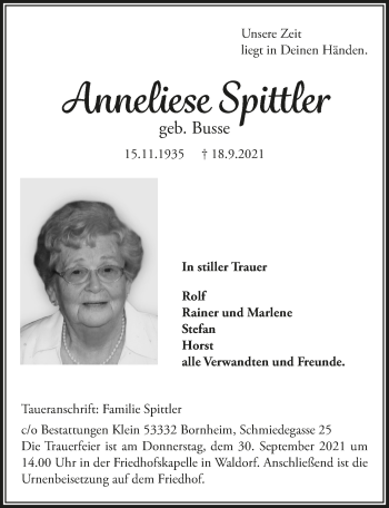 Anzeige von Anneliese Spittler von  Schaufenster/Blickpunkt 