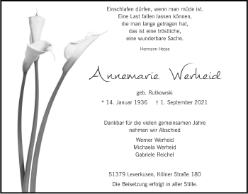 Anzeige von Annemarie Werheid von  Lokale Informationen 