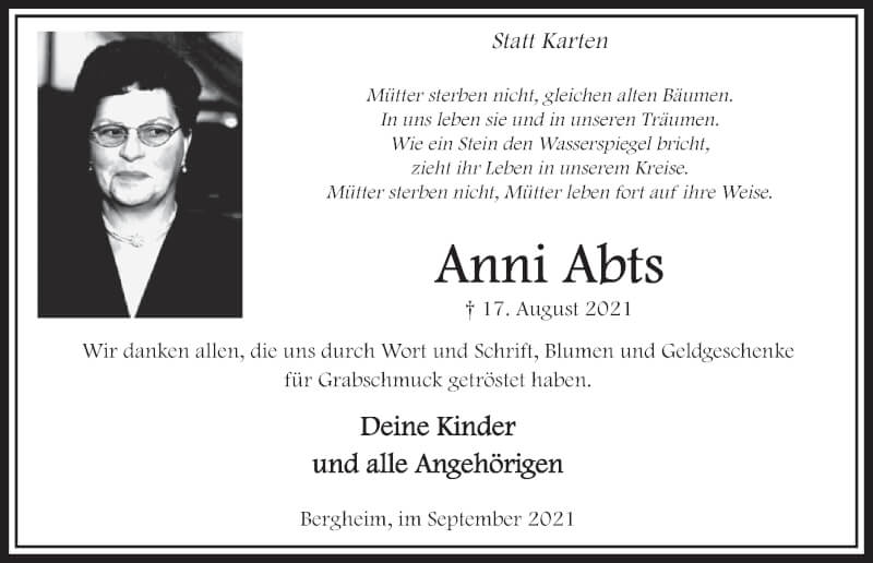  Traueranzeige für Anni Abts vom 17.09.2021 aus  Werbepost 