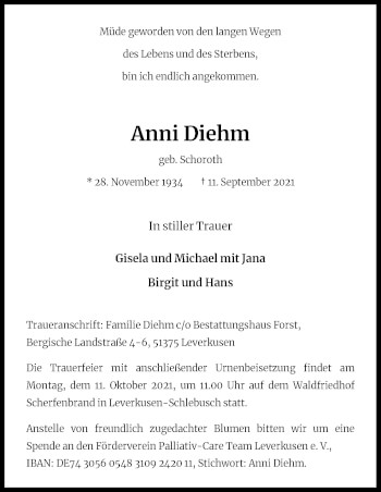 Anzeige von Anni Diehm von Kölner Stadt-Anzeiger / Kölnische Rundschau / Express