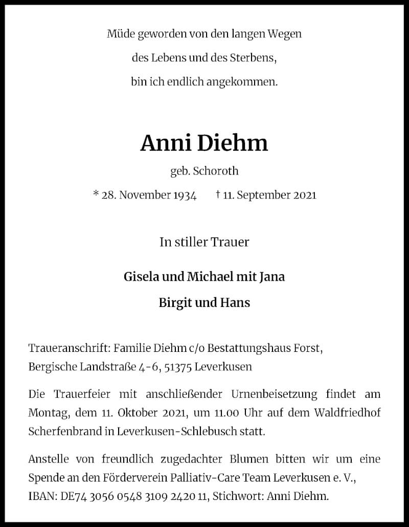  Traueranzeige für Anni Diehm vom 20.09.2021 aus Kölner Stadt-Anzeiger / Kölnische Rundschau / Express