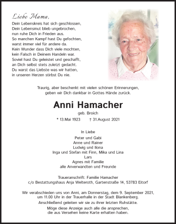 Anzeige von Anni Hamacher von Kölner Stadt-Anzeiger / Kölnische Rundschau / Express