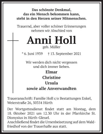 Anzeige von Anni Holl von  Wochenende 