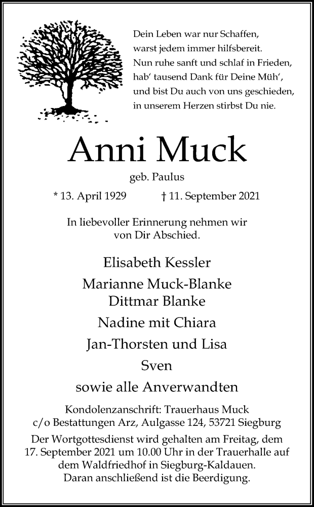  Traueranzeige für Anni Muck vom 15.09.2021 aus Kölner Stadt-Anzeiger / Kölnische Rundschau / Express