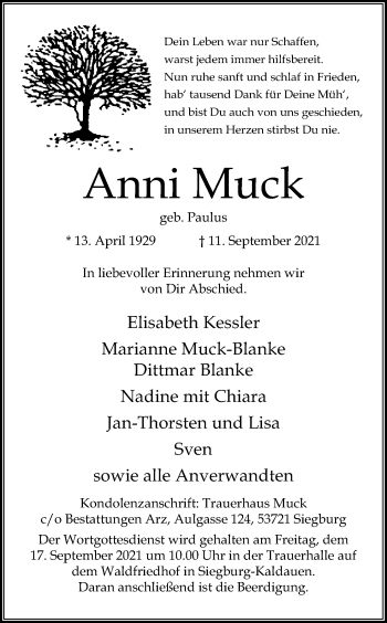 Anzeige von Anni Muck von Kölner Stadt-Anzeiger / Kölnische Rundschau / Express