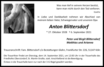 Anzeige von Anton Blittersdorf von  Kölner Wochenspiegel 