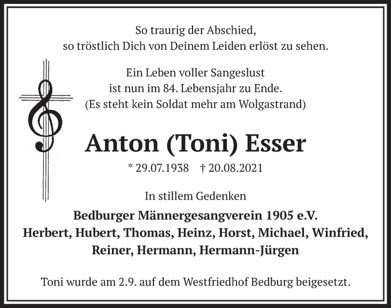 Traueranzeige für Anton Esser vom 03.09.2021 aus  Werbepost 