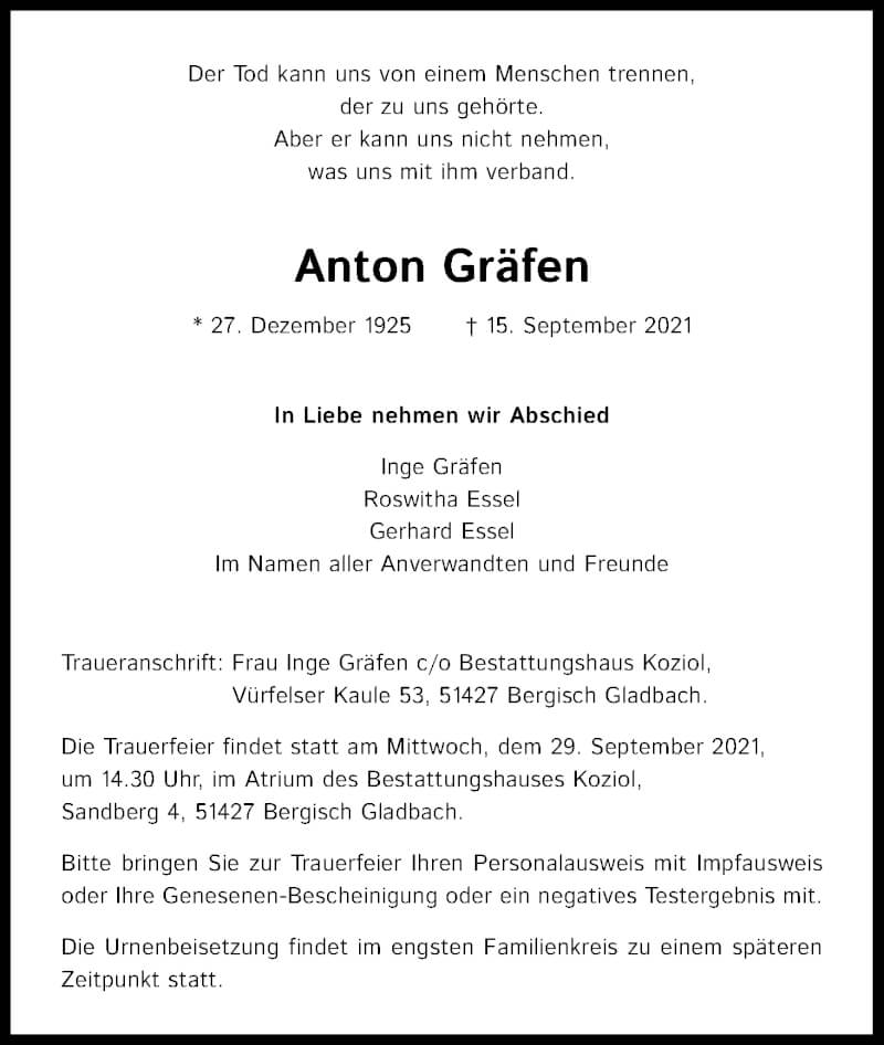 Traueranzeige für Anton Gräfen vom 25.09.2021 aus Kölner Stadt-Anzeiger / Kölnische Rundschau / Express