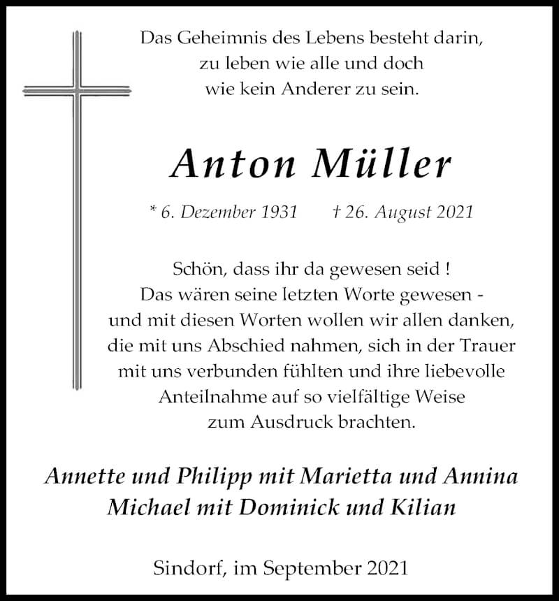  Traueranzeige für Anton Müller vom 18.09.2021 aus Kölner Stadt-Anzeiger / Kölnische Rundschau / Express