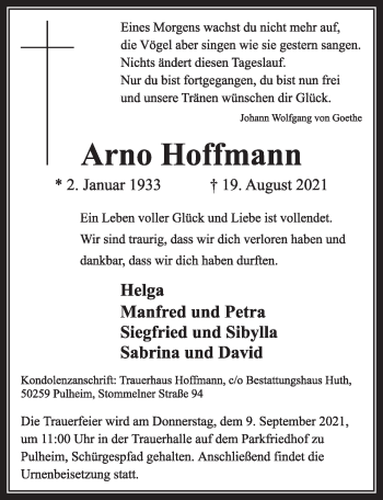 Anzeige von Arno Hoffmann von  Wochenende 