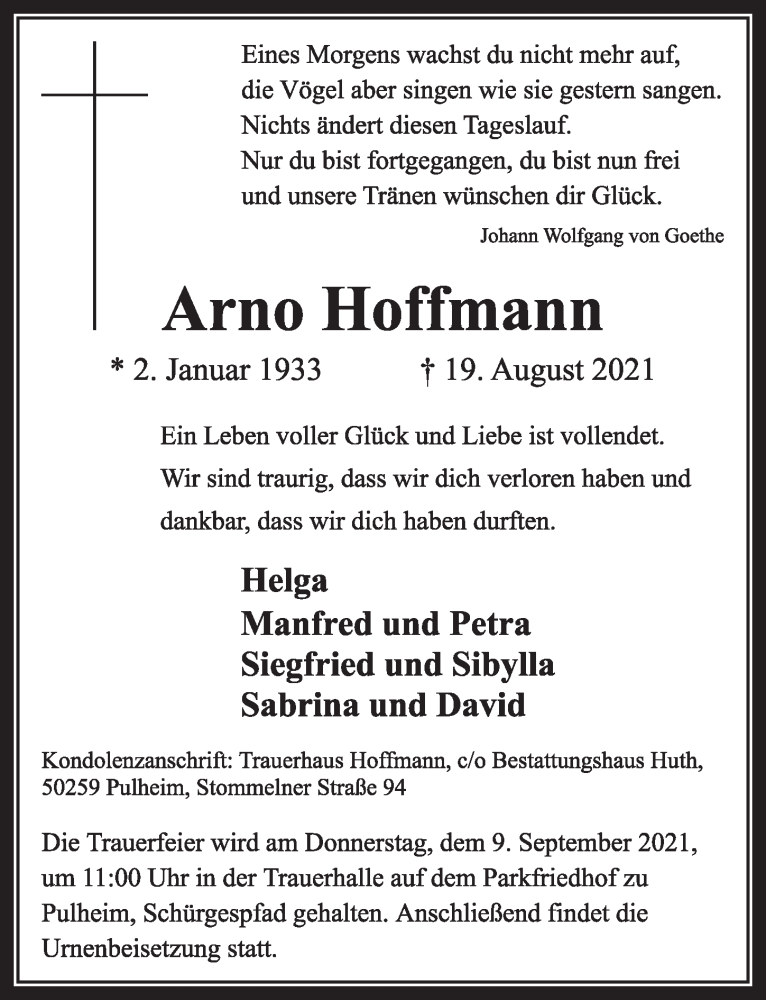  Traueranzeige für Arno Hoffmann vom 03.09.2021 aus  Wochenende 