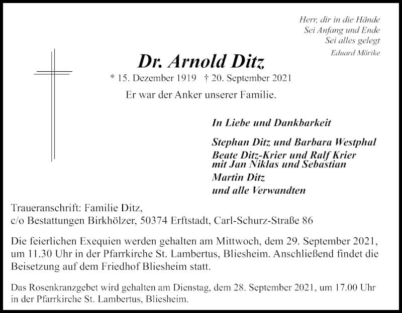  Traueranzeige für Arnold Ditz vom 25.09.2021 aus Kölner Stadt-Anzeiger / Kölnische Rundschau / Express