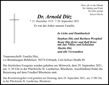 Anzeige von Arnold Ditz von Kölner Stadt-Anzeiger / Kölnische Rundschau / Express