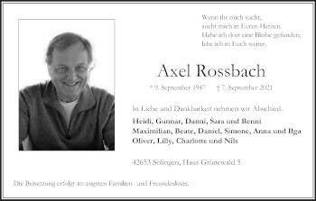 Anzeige von Axel Rossbach von Kölner Stadt-Anzeiger / Kölnische Rundschau / Express