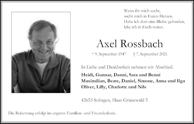  Traueranzeige für Axel Rossbach vom 18.09.2021 aus Kölner Stadt-Anzeiger / Kölnische Rundschau / Express