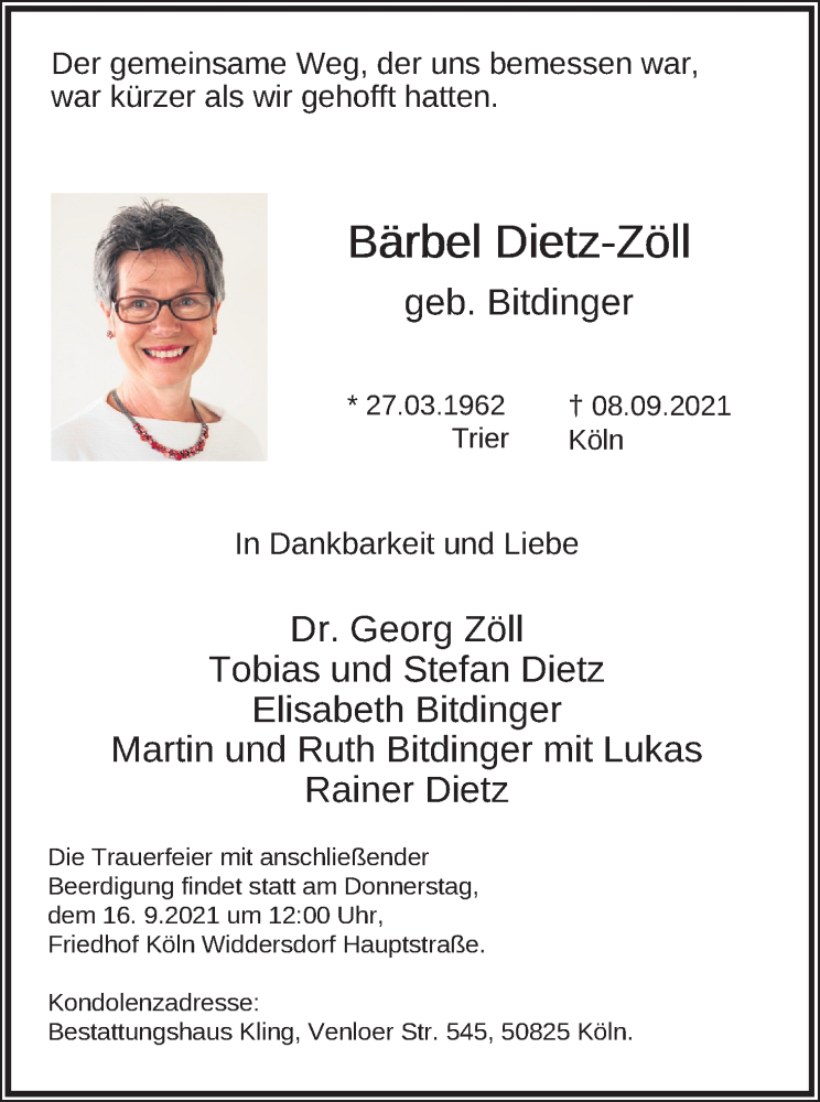  Traueranzeige für Bärbel Dietz-Zöll vom 14.09.2021 aus Kölner Stadt-Anzeiger / Kölnische Rundschau / Express