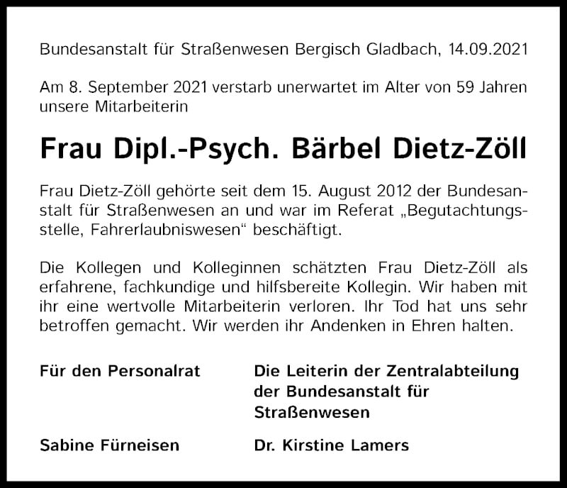  Traueranzeige für Bärbel Dietz-Zöll vom 18.09.2021 aus Kölner Stadt-Anzeiger / Kölnische Rundschau / Express