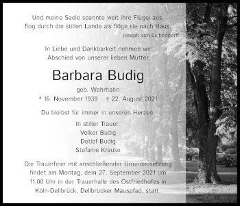 Anzeige von Barbara Budig von Kölner Stadt-Anzeiger / Kölnische Rundschau / Express