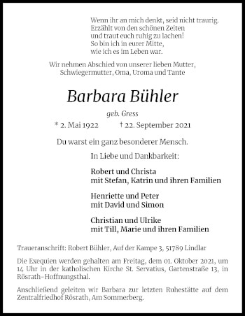 Anzeige von Barbara Bühler von Kölner Stadt-Anzeiger / Kölnische Rundschau / Express