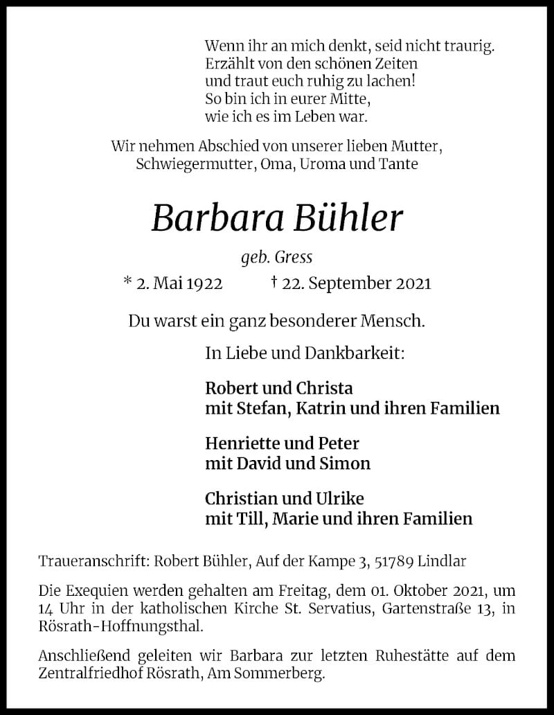  Traueranzeige für Barbara Bühler vom 25.09.2021 aus Kölner Stadt-Anzeiger / Kölnische Rundschau / Express