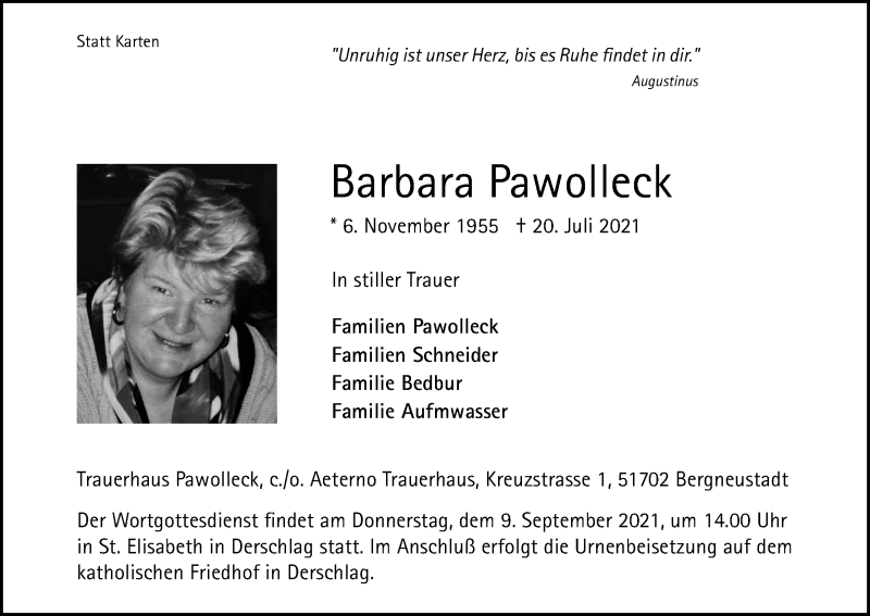  Traueranzeige für Barbara Pawolleck vom 04.09.2021 aus Kölner Stadt-Anzeiger / Kölnische Rundschau / Express