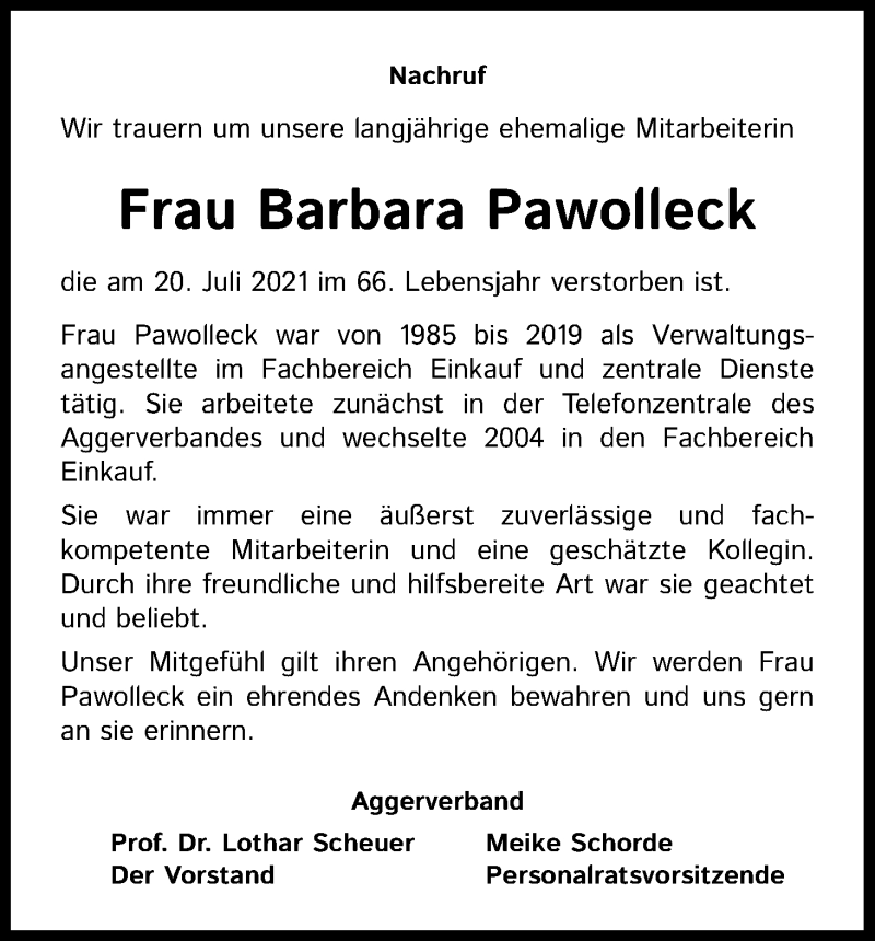  Traueranzeige für Barbara Pawolleck vom 08.09.2021 aus Kölner Stadt-Anzeiger / Kölnische Rundschau / Express