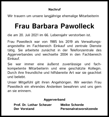 Anzeige von Barbara Pawolleck von Kölner Stadt-Anzeiger / Kölnische Rundschau / Express