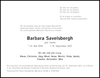 Anzeige von Barbara Savelsbergh von Kölner Stadt-Anzeiger / Kölnische Rundschau / Express