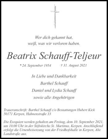 Anzeige von Beatrix Schauff-Teljeur von Kölner Stadt-Anzeiger / Kölnische Rundschau / Express