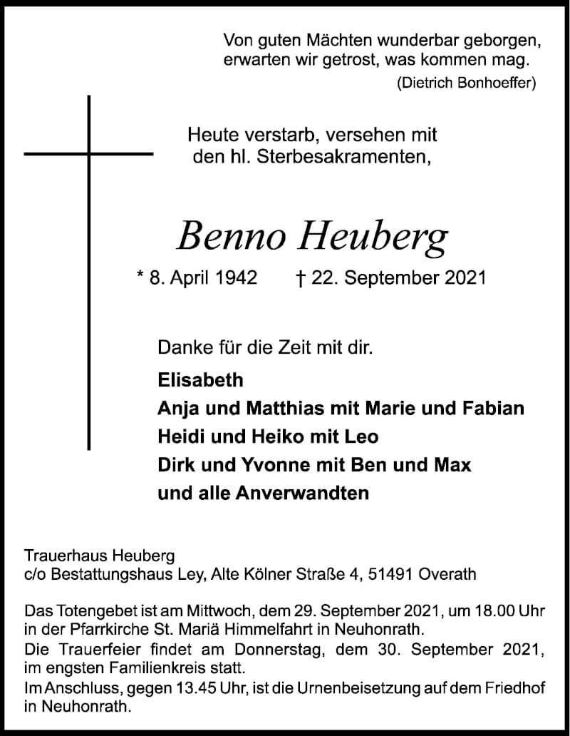  Traueranzeige für Benno Heuberg vom 25.09.2021 aus Kölner Stadt-Anzeiger / Kölnische Rundschau / Express