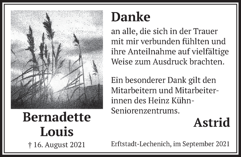  Traueranzeige für Bernadette Louis vom 03.09.2021 aus  Werbepost 
