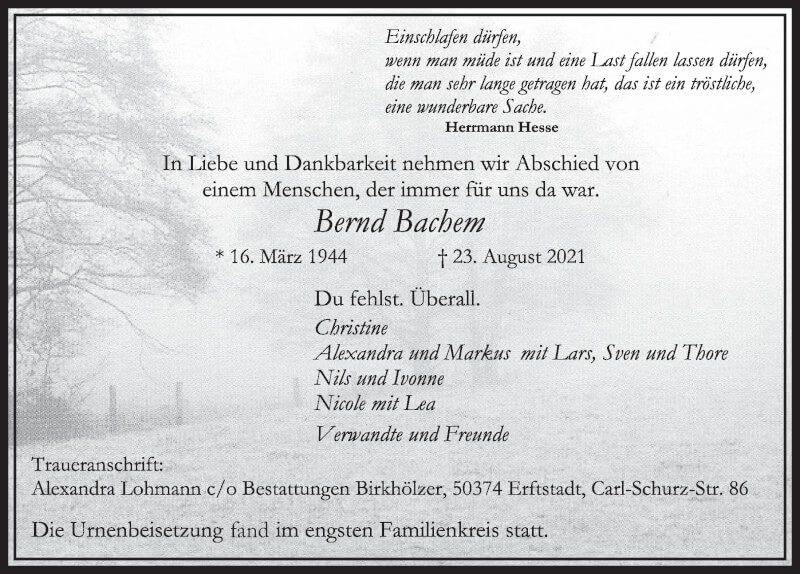  Traueranzeige für Bernd Bachem vom 17.09.2021 aus  Werbepost 