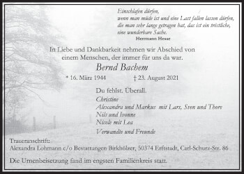 Anzeige von Bernd Bachem von  Werbepost 