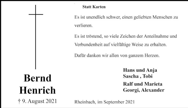  Traueranzeige für Bernd Henrich vom 17.09.2021 aus  Schaufenster/Blickpunkt 