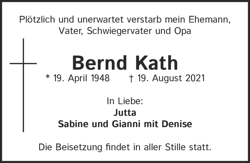  Traueranzeige für Bernd Kath vom 03.09.2021 aus  Kölner Wochenspiegel 