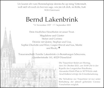 Anzeige von Bernd Lakenbrink von Kölner Stadt-Anzeiger / Kölnische Rundschau / Express