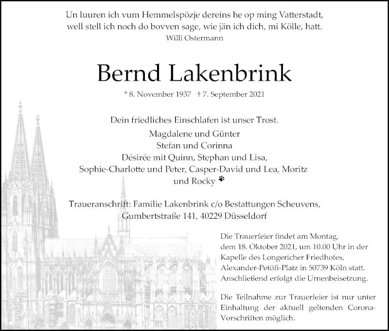  Traueranzeige für Bernd Lakenbrink vom 25.09.2021 aus Kölner Stadt-Anzeiger / Kölnische Rundschau / Express