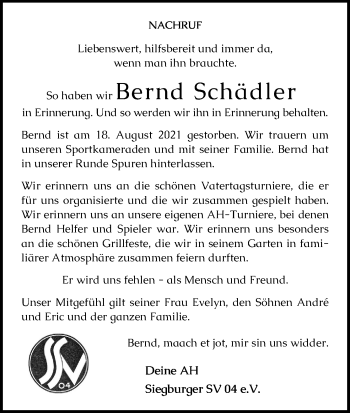 Anzeige von Bernd Schädler von Kölner Stadt-Anzeiger / Kölnische Rundschau / Express