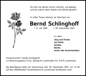 Anzeige von Bernd Schlinghoff von Kölner Stadt-Anzeiger / Kölnische Rundschau / Express