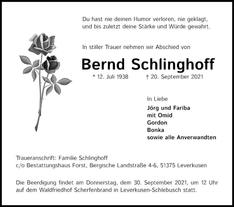  Traueranzeige für Bernd Schlinghoff vom 25.09.2021 aus Kölner Stadt-Anzeiger / Kölnische Rundschau / Express
